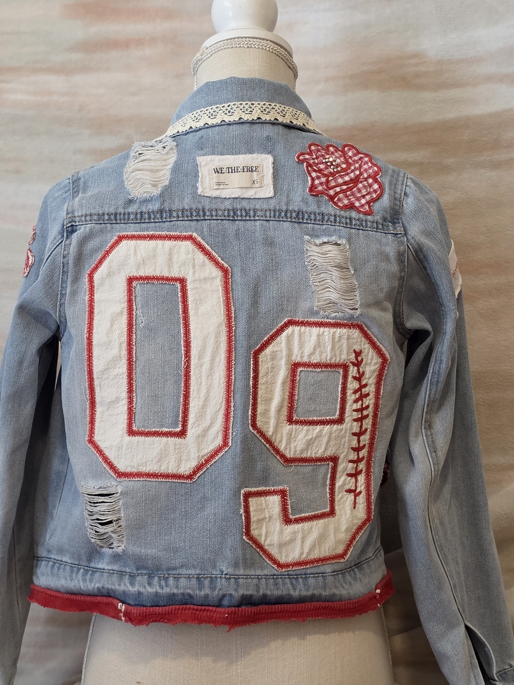 Juniors Light Wash Denim Jacket with White & Red We The Free Accents